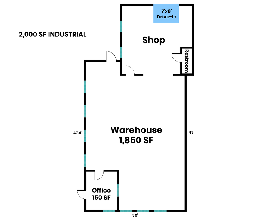 Floor plan of warehouse, office, shop, and restroom. 7x8 foot drive-in door. Two pedestrian entrances to the building.