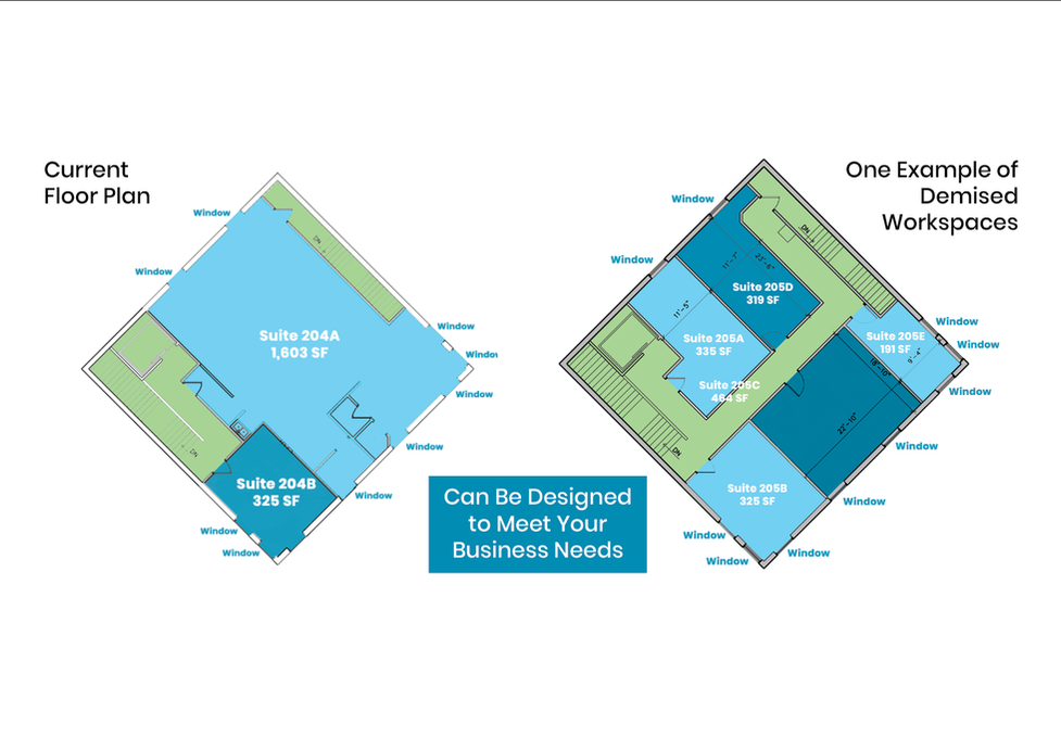 Current floor plan of flexible office space for lease. Can be designed to meet tenant's needs.