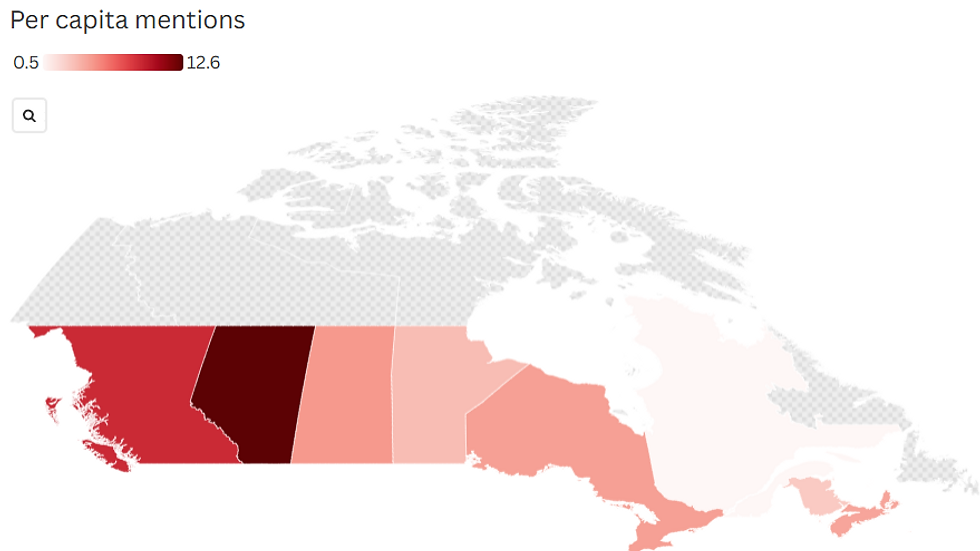 Map of Canada shows per capita mentions of "Major Projects Office & Corruption" August-September 2025.