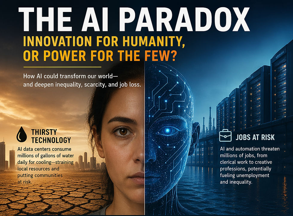 Split image: left shows a dry landscape with text on AI's water use. Right shows a digital face and servers, highlighting job risks.