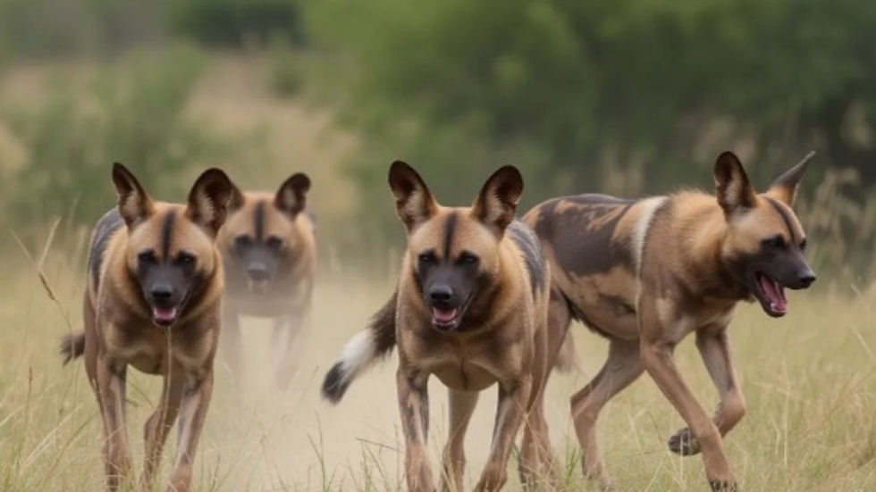 Four African wild dogs run through a grassy field with trees in the background. They appear energetic and focused.
