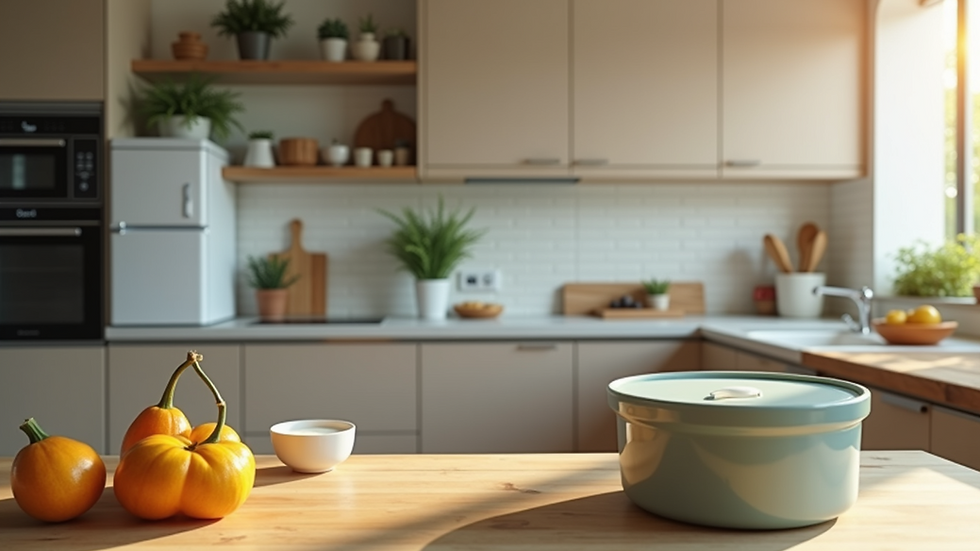 Eye-level view of a kitchen with energy-efficient appliances and reusable containers