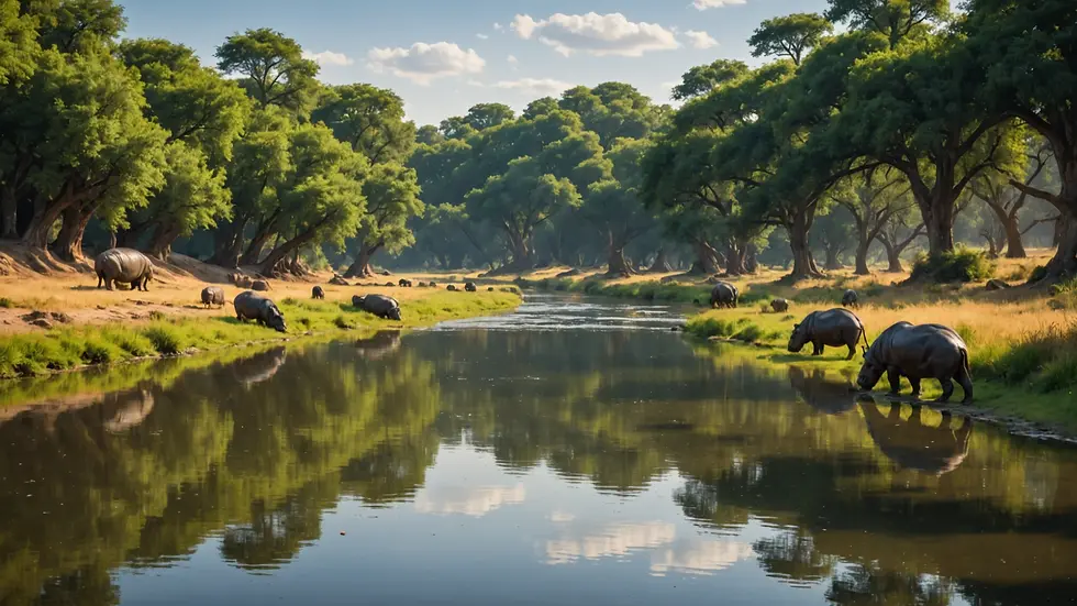Wide angle view of a tranquil river habitat where hippos once thrived