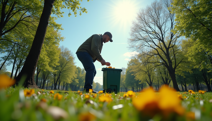 Eye-level view of a person collecting litter in a park with green trees and clear sky