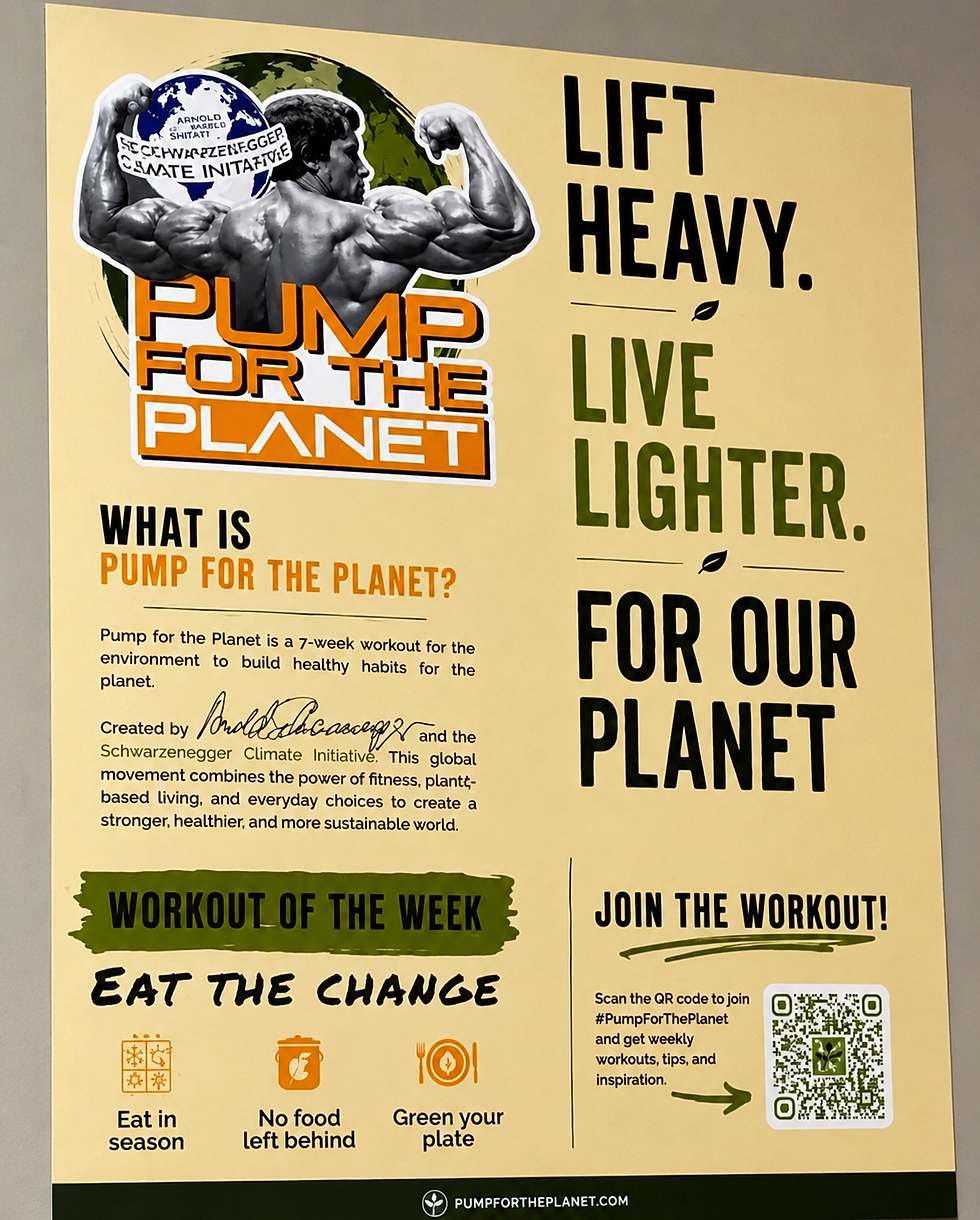 Poster of a bodybuilder flexing over a globe with slogans: Lift Heavy. Live Lighter. For Our Planet. Pump for the Planet QR code.