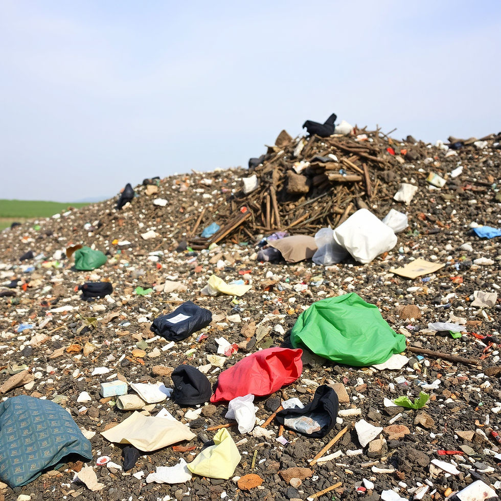 A pile of garbage with colorful plastic bags scattered in a landfill under a clear sky. Debris covers the ground, creating a cluttered scene.