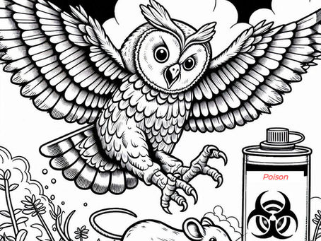 Owl with wings spread swooping toward mouse near poison canister. Black and white image, outdoors with grass and clouds. Mood is tense.