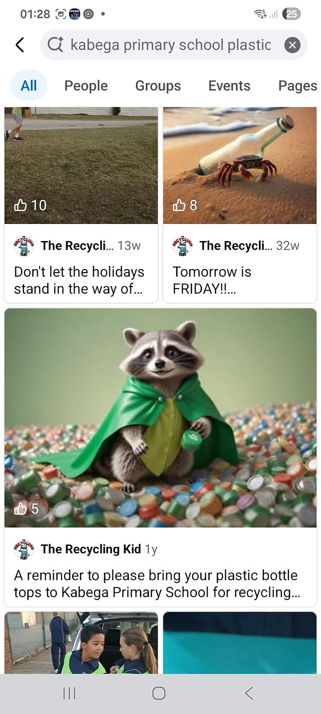 An image of a cartoonish racoon standing on a pile of recyclable bottle tops