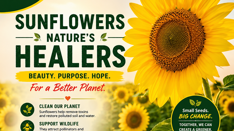 Sunflower close-up with text promoting "Sunflowers: Nature's Healers" for environmental benefits. Logos and motivational phrases present.