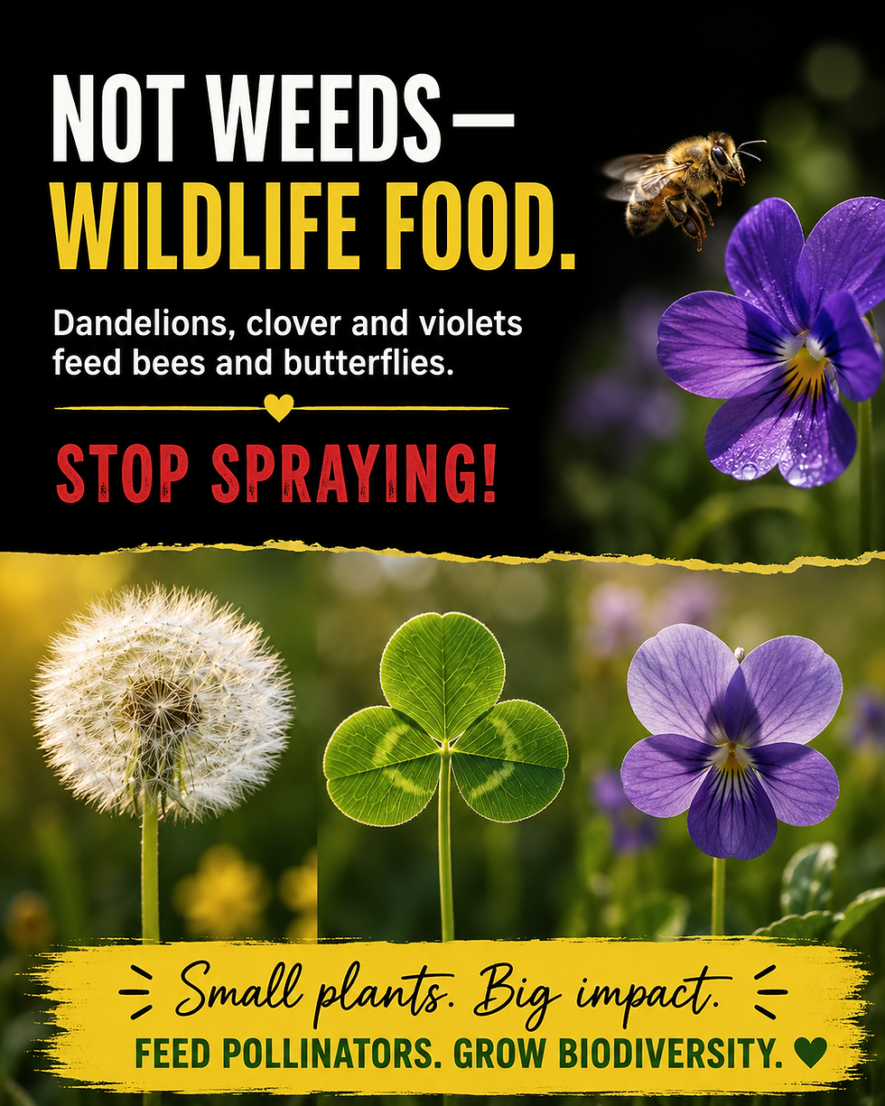 Poster shows a bee by a purple flower with dandelion and clover; text says Not Weeds—Wildlife Food. Stop Spraying!