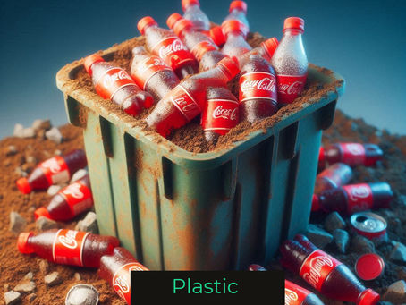 Plastic PET bottles overflow a green bin surrounded by dirt and rocks. The image is labeled "Plastic Pollution," highlighting environmental concern.