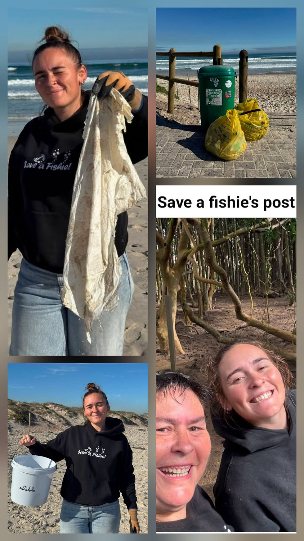 Beach cleanup collage shows woman in Save a Fishie hoodie holding trash, yellow bags and bin by the ocean, smiling selfie.