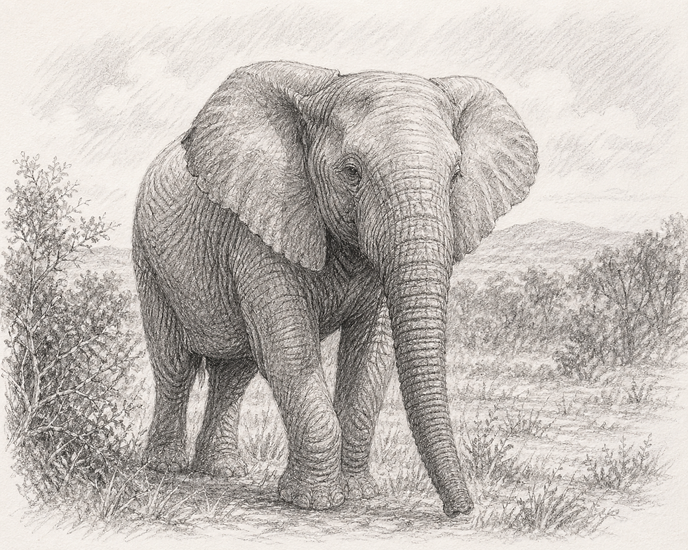 Pencil sketch of an elephant walking on a grassy plain. Detailed texture on its skin. Sparse trees and distant hills in the background.