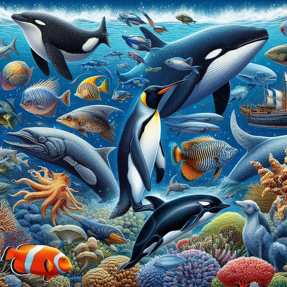 Underwater scene with penguins, whales, and colorful fish swimming in a vibrant coral reef. A historic ship sails in the background.