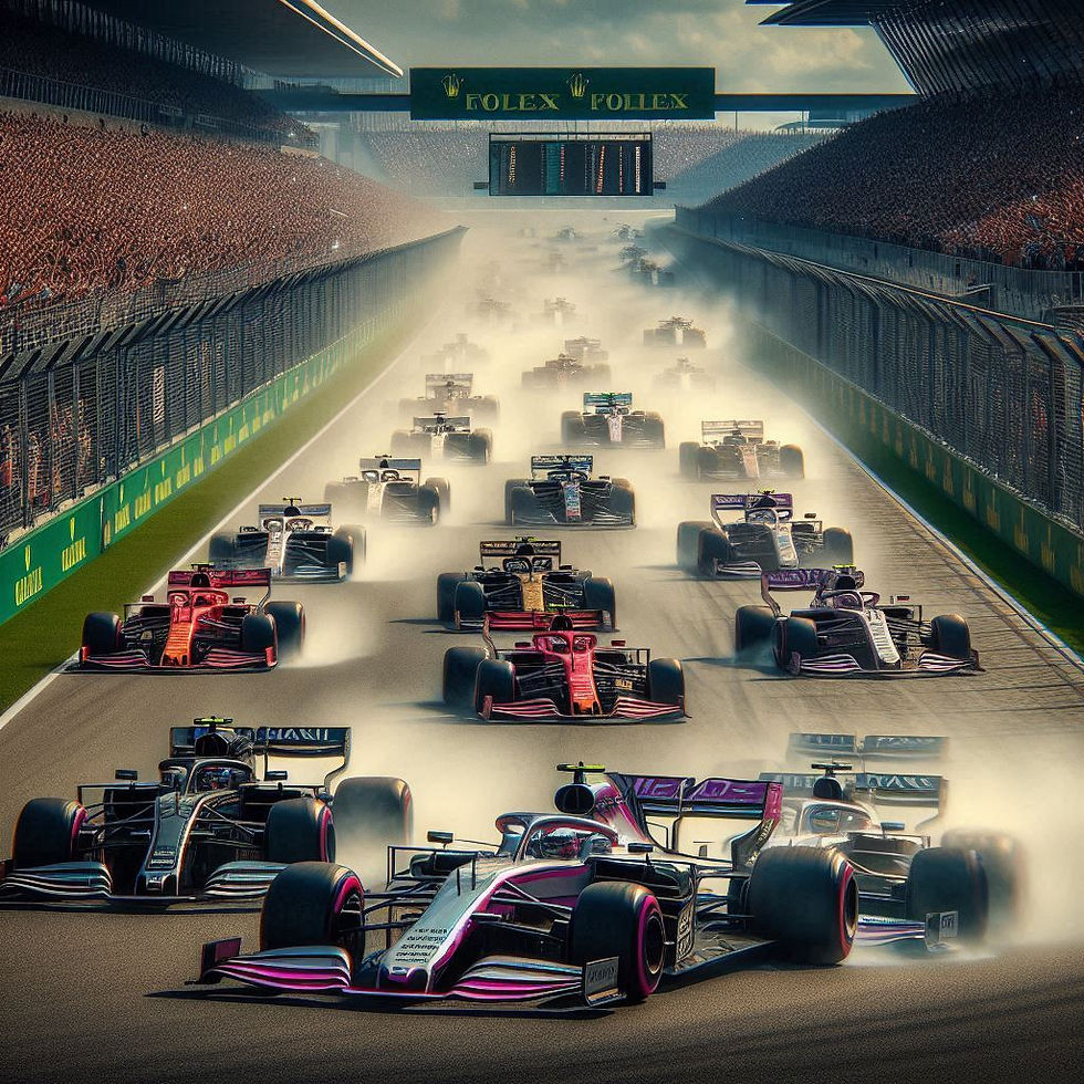 Formula One cars hurtling down a straight into a corner