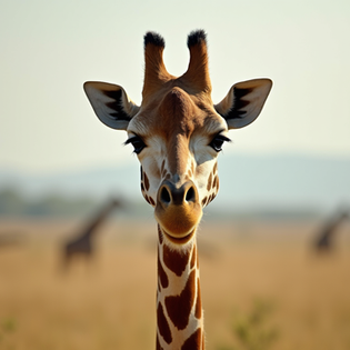 An inquisitive giraffe looks directly into a camera lense. 