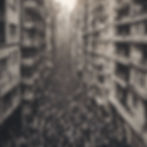 Crowded street with a densely packed crowd between tall, weathered buildings. Overcast sky sets a moody tone. .