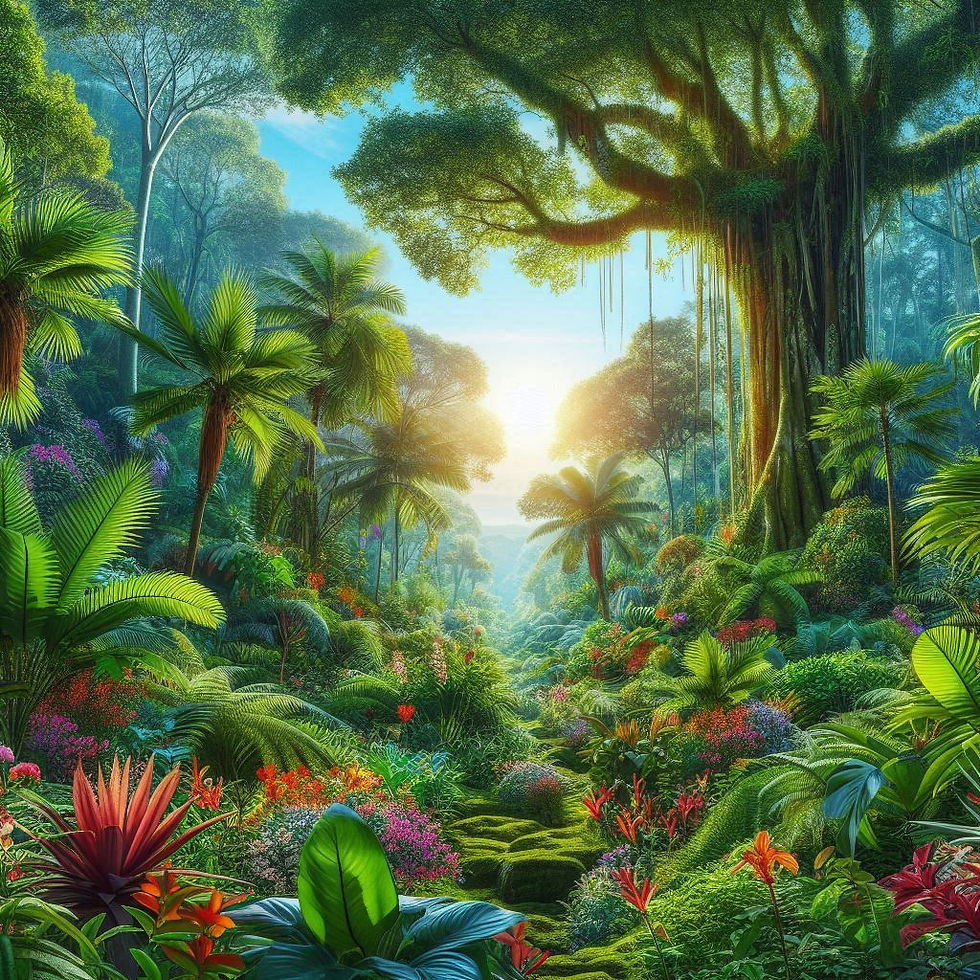 Lush, vibrant jungle at sunrise with colorful flowers, towering trees, and dense foliage, creating a serene, natural paradise.