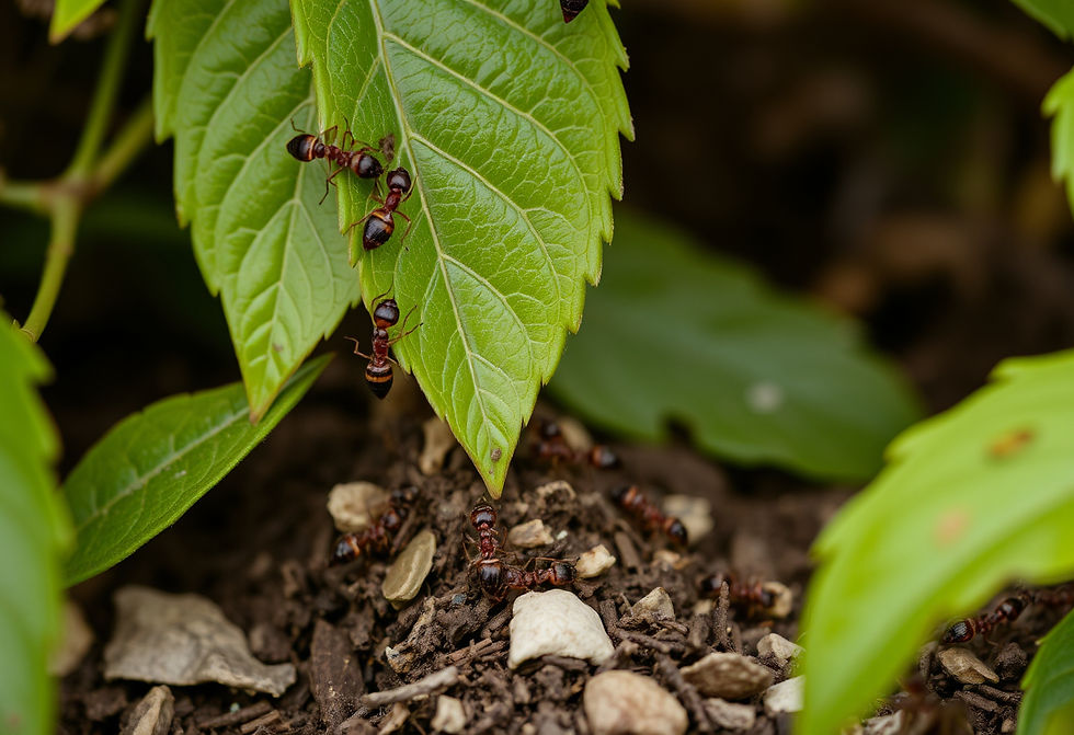 Ants crawl on a cluster of green leaves and rocky soil. The scene is vivid with natural textures and colors, conveying a busy mood.