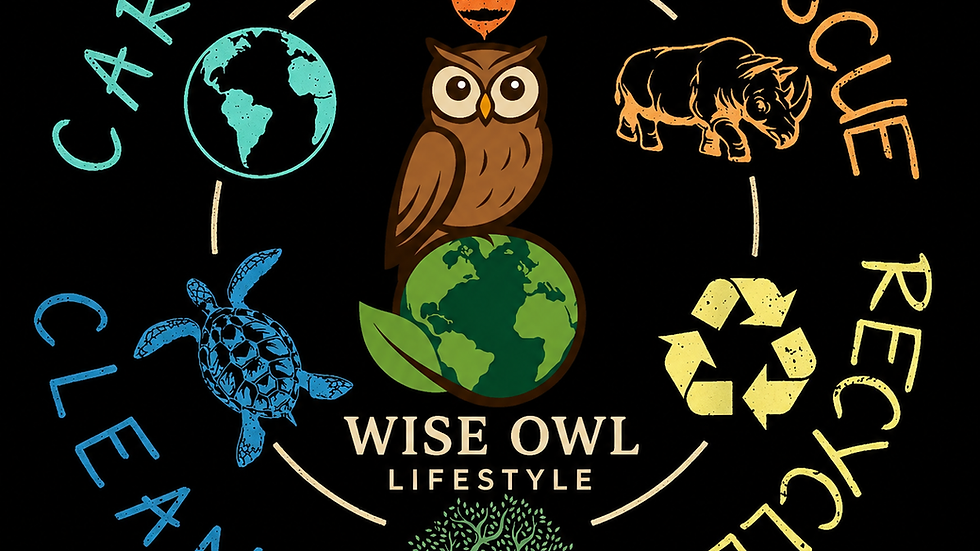 Eco poster on black: owl over globe, bee, rhino, turtle, tree, recycle symbol, with CARE, SAVE, RESCUE, RECYCLE, CLEAN, PLANT.