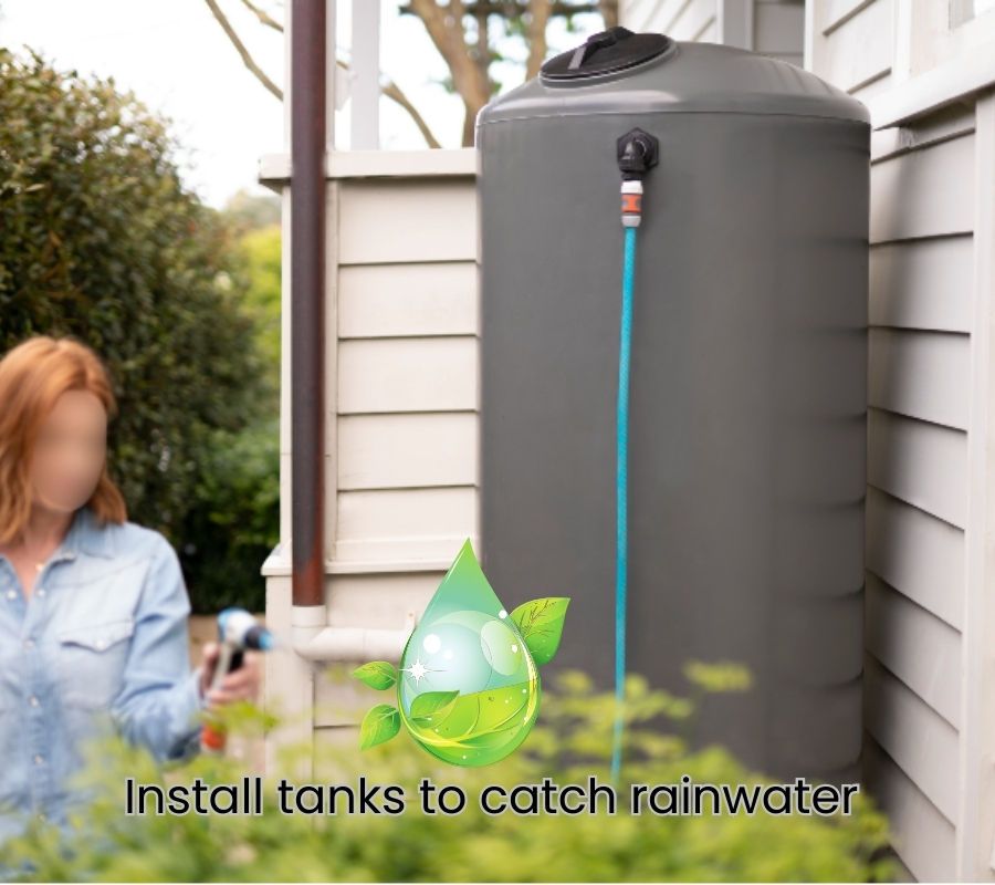 Gray water tank next to a house. Person in blue shirt holds a hose. Text reads "Install tanks to catch rainwater." Greenery nearby.