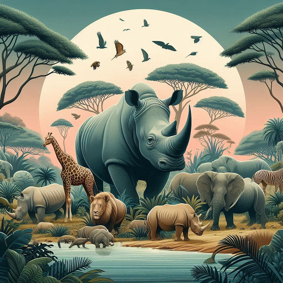 Illustration of African wildlife by a waterhole at sunset, featuring a rhino, giraffe, lion, elephants, birds, and trees in pastel hues.