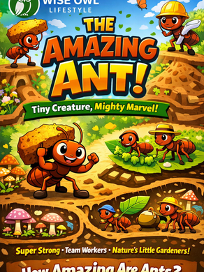 Cartoon ants working in a vibrant habitat, carrying leaves and wearing hats. Text: "The Amazing Ant!" and "How Amazing Are Ants?"