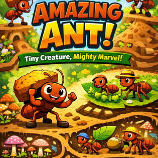 Cartoon ants working in a vibrant habitat, carrying leaves and wearing hats. Text: "The Amazing Ant!" and "How Amazing Are Ants?"