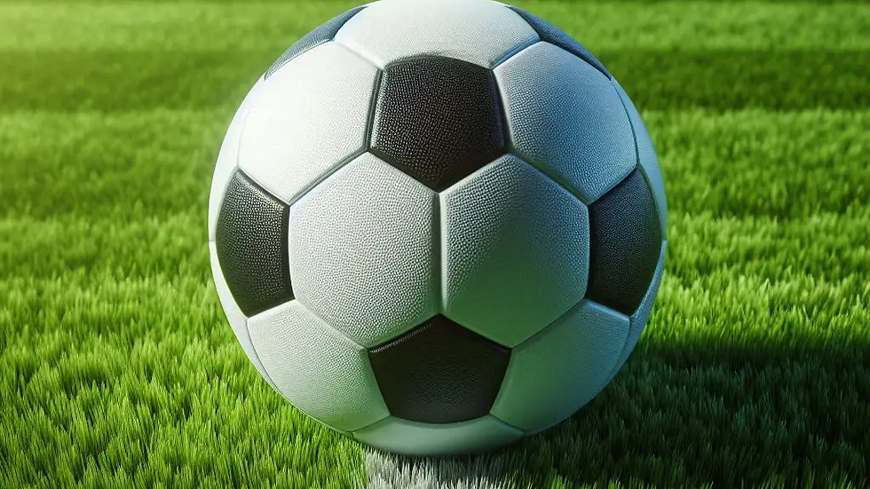Soccer ball on vibrant green grass, centered on a white line. Sunny day with shadows, conveying a sporty and fresh mood.
