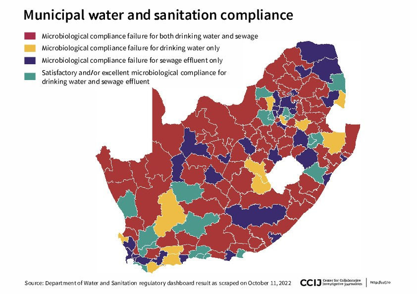 Map of South Africa showing municipal water and sanitation compliance. Areas are colored red, yellow, purple, and green, indicating various compliance levels.