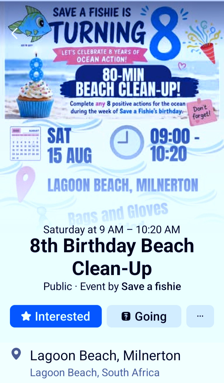 Facebook event poster for Save a Fishie’s 8th Birthday Beach Clean-Up at Lagoon Beach, Milnerton, Sat 15 Aug, 9:00–10:20.