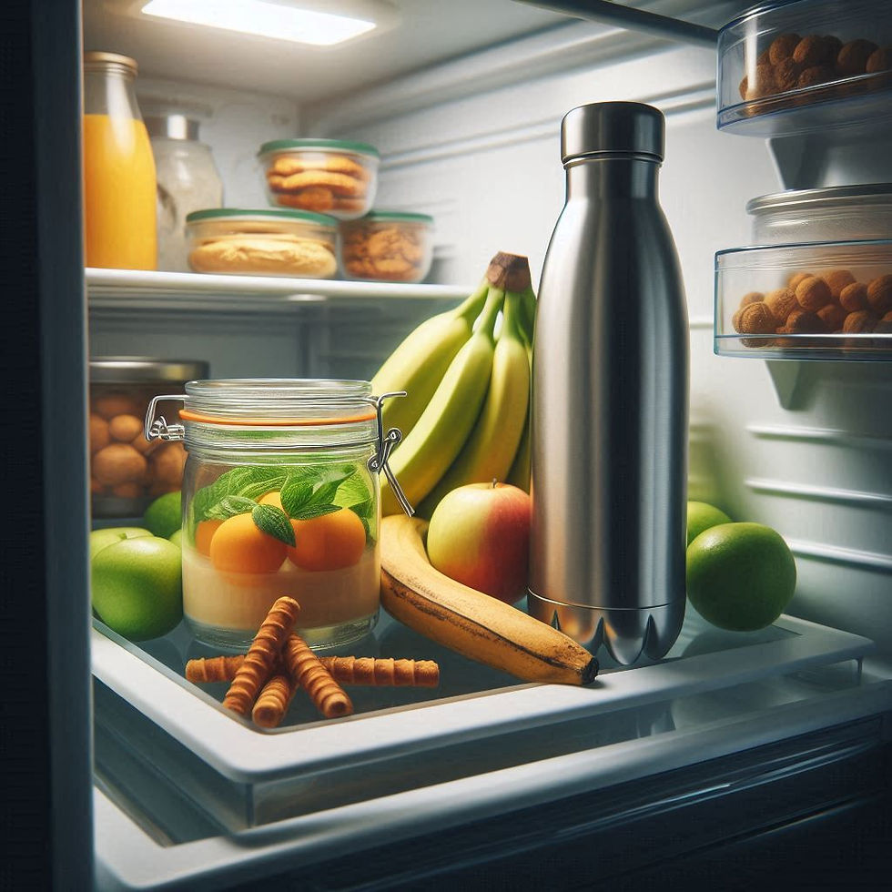 Colorful fridge interior with a metal water bottle, bananas, apples, oranges, and jars of snacks. Bright lighting emphasizes freshness.