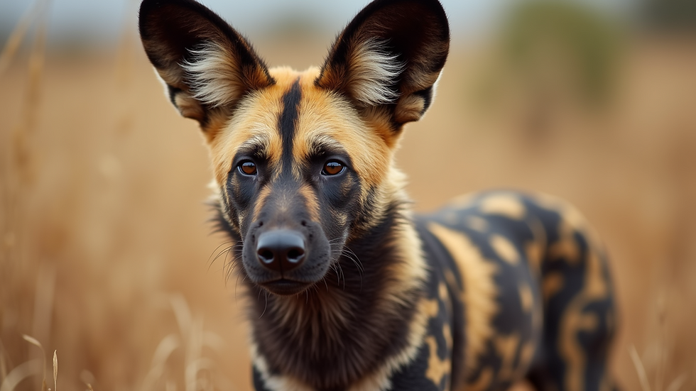 Close-up view of an African wild dog in the wild