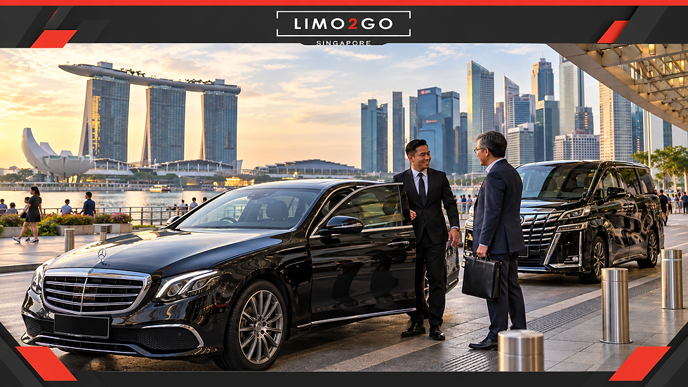 City chauffeur service: Limo2Go chauffeur with a business traveller beside black luxury vehicles at Marina Bay, with the Singapore skyline behind and a charcoal and red frame.