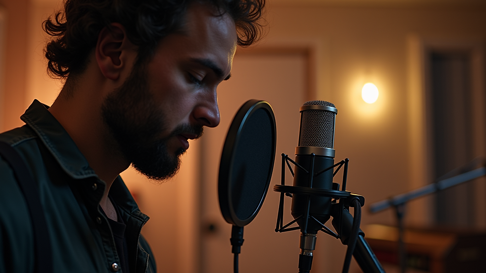 Eye-level view of a musician setting up a microphone in a home studio