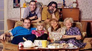 The Royle Family cast: Dave Best (Craig Cash); Antony Royle (Ralf Little); Denise Royle (Caroline Aherne); Jim Royle (Ricky Tomlinson); Barbara Royle (Sue Johnson); and Norma Speakman (Nana) (Liz Smith)