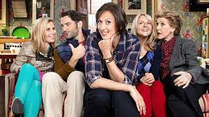 The Miranda cast: Tilly (Sally Phillips); Gary Preston (Tom Ellis); Miranda (Miranda Hart); Stevie Sutton (Sarah Hadland); and Penny (Patricia Hodge)
