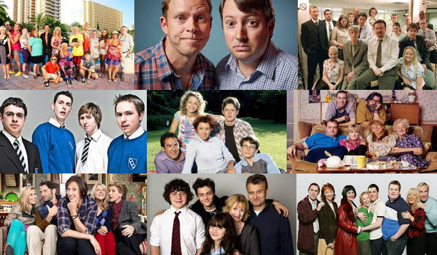 a collage of noughties British sitcoms, including: Benidorm; Peep Show; The Office (UK); The Inbetweeners; My Family; The Royle Family; Miranda; Outnumbered; and Gavin and Stacey