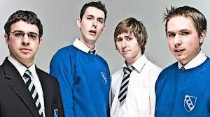 The cast of The Inbetweeners: Will McKensie (Simon Bird); Neil Sutherland (Blake Harrison); Jay Cartwright (James Buckley); and Simon Cooper (Joe Thomas)