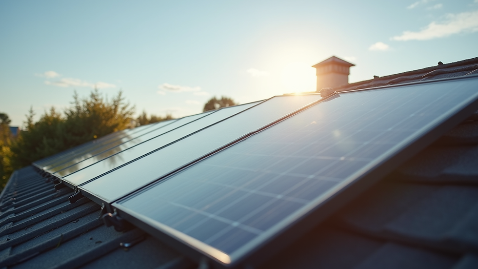 Wide angle view of a solar panel installation on a residential roof