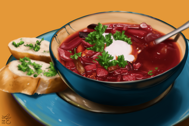A bowl of beetroot soup in blue crockery, with a scoop of sour cream and parsley. To the side is two slices of bagette-style bread topped with parsley.