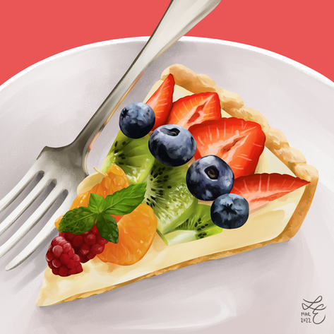 A slice of a fruit tart, topped with strawberries, blueberries, kiwi fruit, oranges, raspberries, and mint leaves.