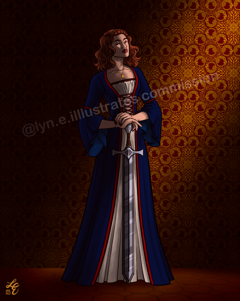 Original Character commission of a medieval noble woman. She has curled red hair to her shoulders, and stands straight, hands resting on a sword. She stands in a darkened room, with a ray of light crossing behind her, revealing a complex pattern that includes a Leopard and Lightning Sword that is the symbol of two characters of strong influence to her.