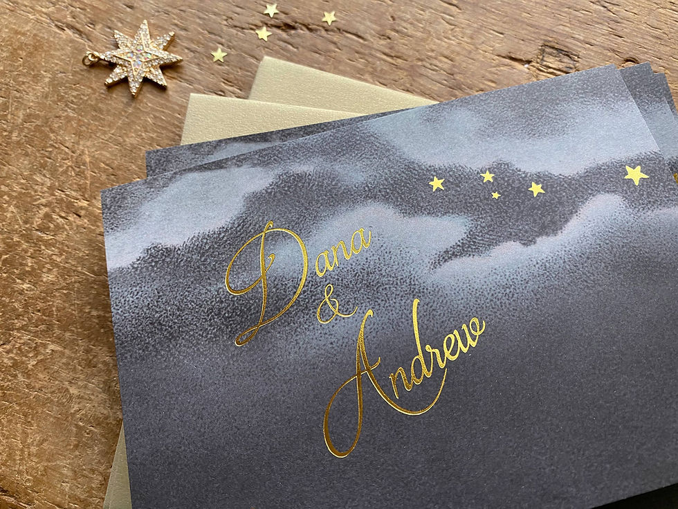 Thumbnail: moon and stars, gold metallic foil save the date cards