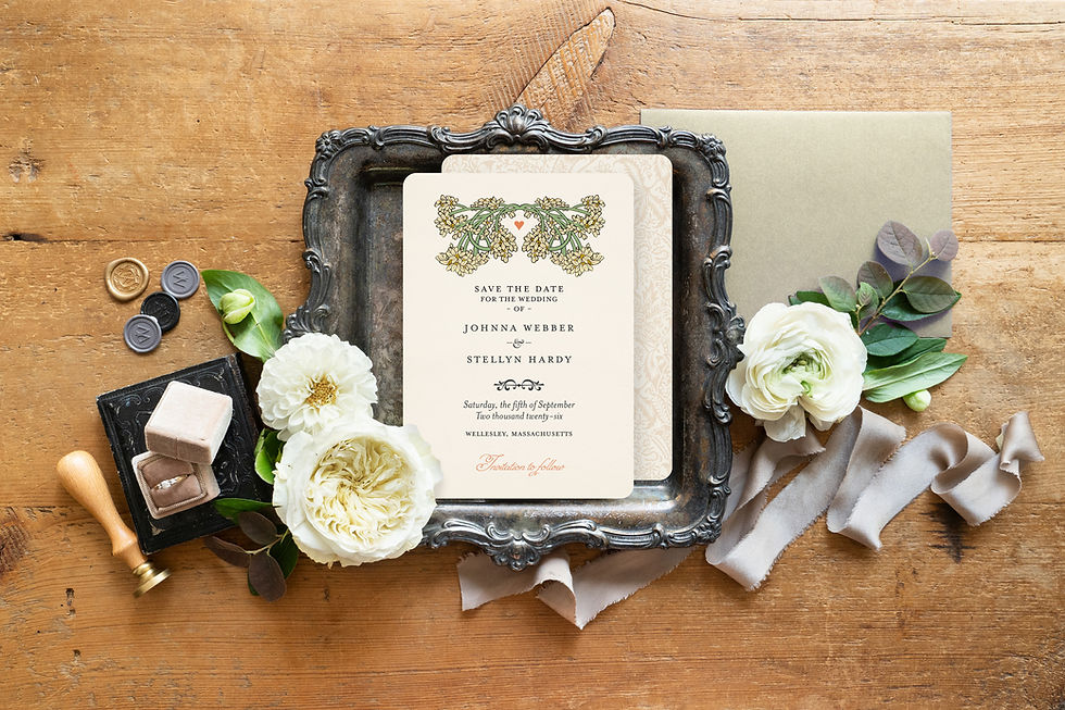 Thumbnail: art nouveau wedding save the date stationery invitations boho blush flowers