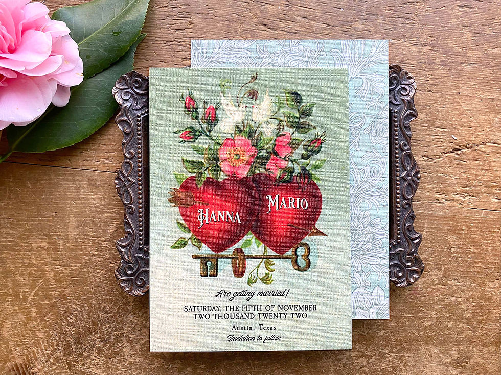 Thumbnail: vintage save the date cards, save the date postcards, green, red save the dates, art nouveau wedding, great gatsby