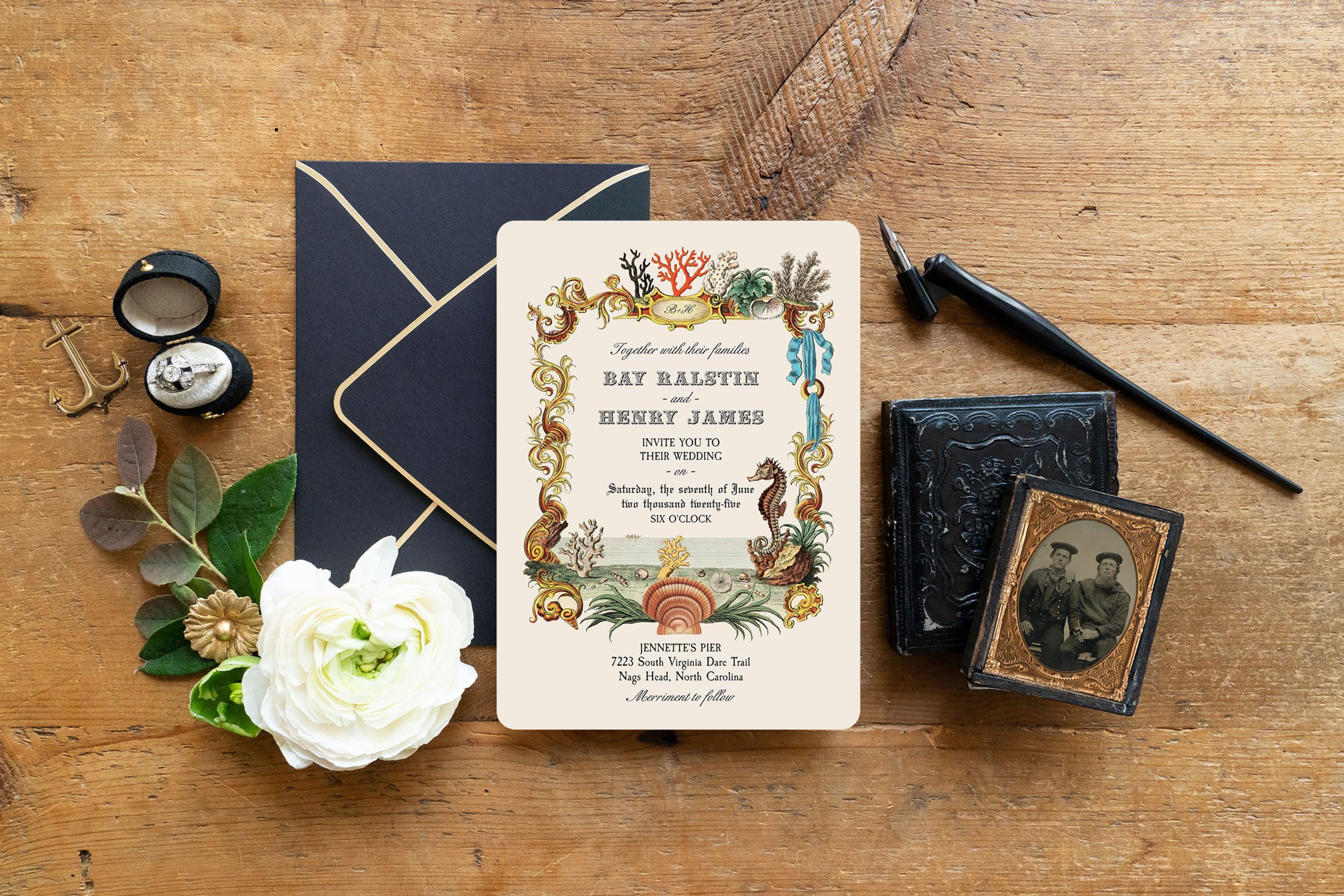 vintage beach tropical nautical wedding invitations coral seahorse