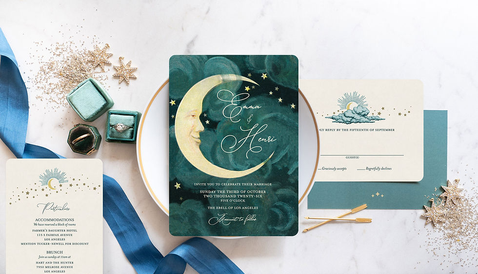Thumbnail: teal emerald gold moon stars wedding invitations