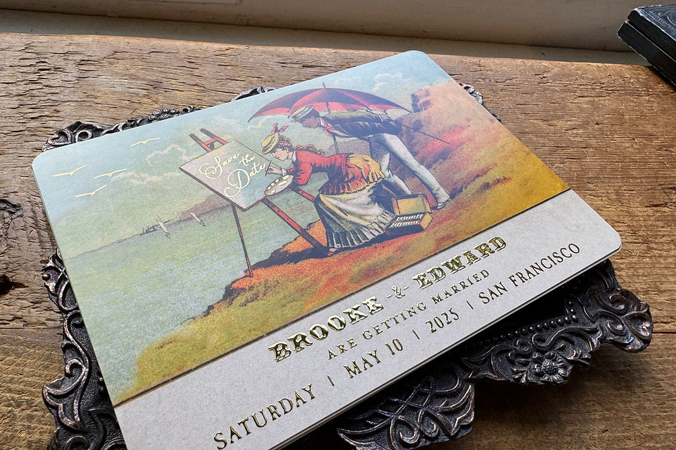 Thumbnail: gold foil Vintage Postcard save the dates, blue, orange ivory art nouveau