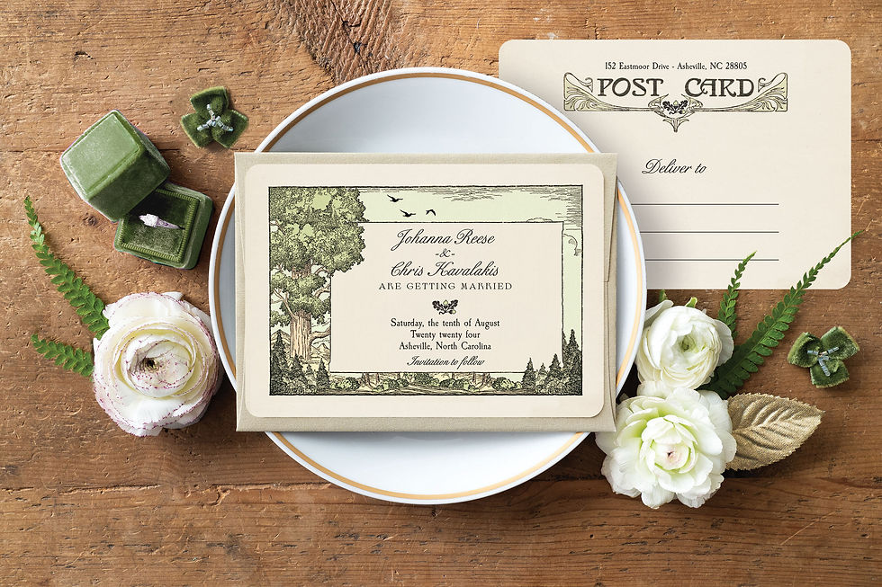 Thumbnail: woodland wedding save the date cards, save the date postcards, gold foil save the dates, sage, rustic boho save the dates